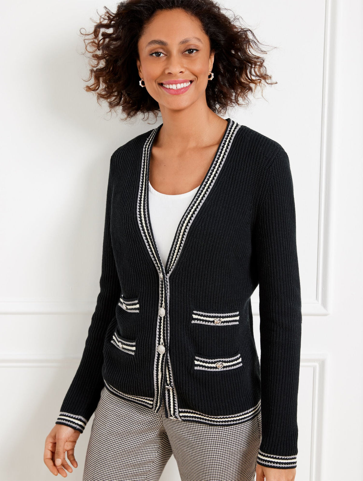 TEXTURE V-NECK CARDIGAN - TIPPED STRIPE | Talbots