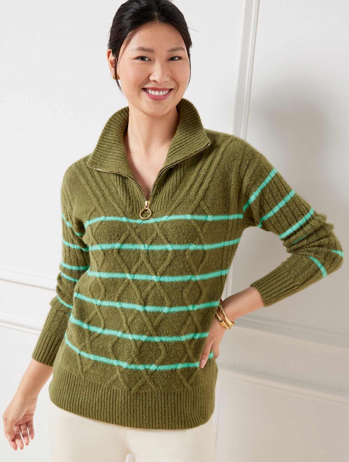 CABLE KNIT HALF-ZIP SWEATER - STRIPE | Talbots