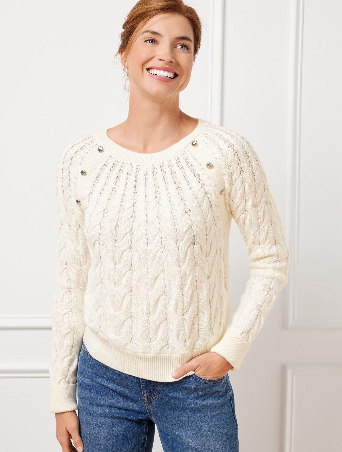 BUTTON RAGLAN CABLE KNIT SWEATER | Talbots