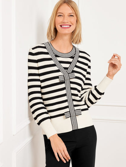 BOW FRONT TEXTURE STITCH CARDIGAN - FRENCH STRIPE | Talbots