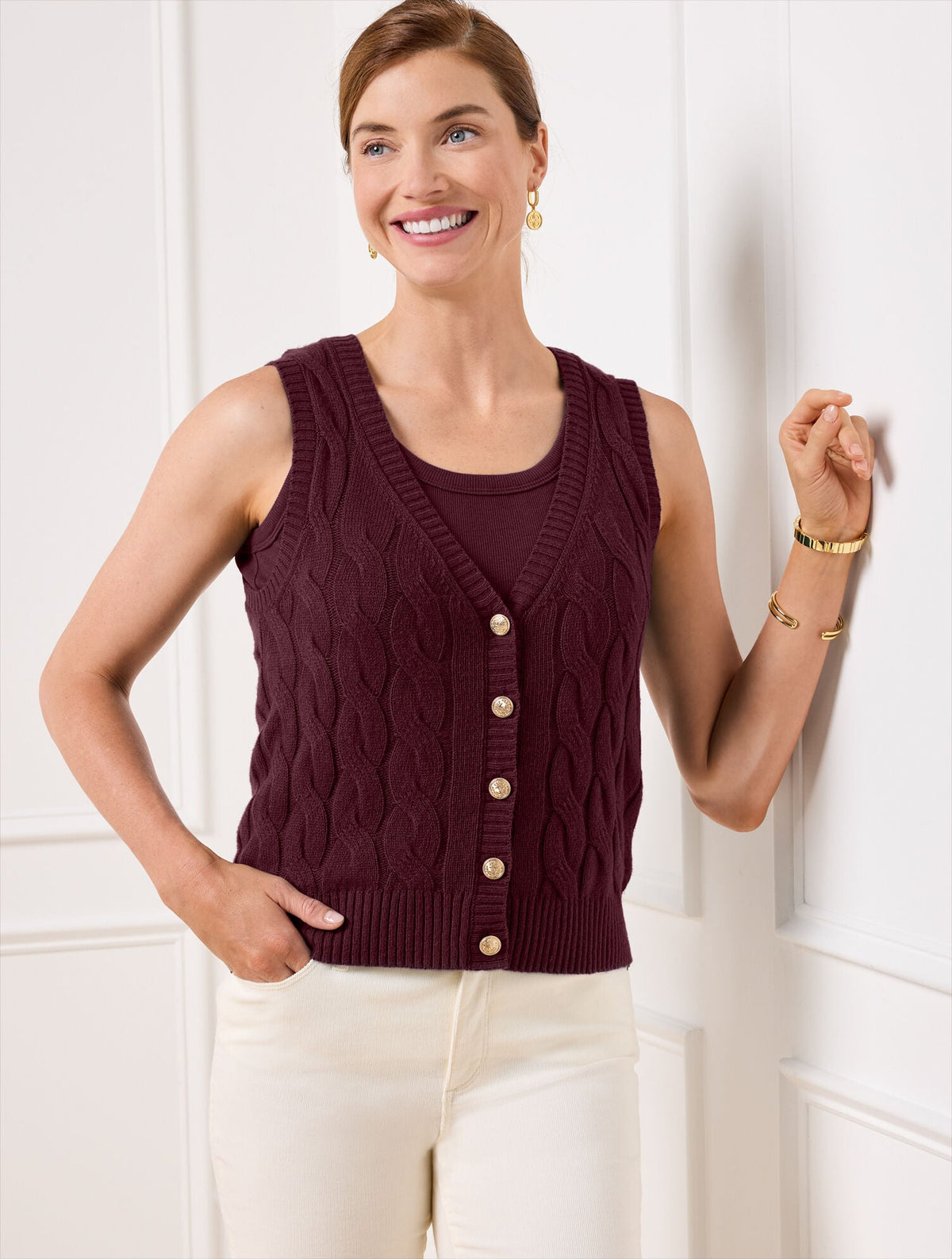 CABLE KNIT V-NECK SWEATER VEST | Talbots
