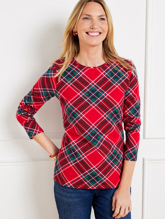 CREWNECK TEE - POINSETTIA PLAID | Talbots