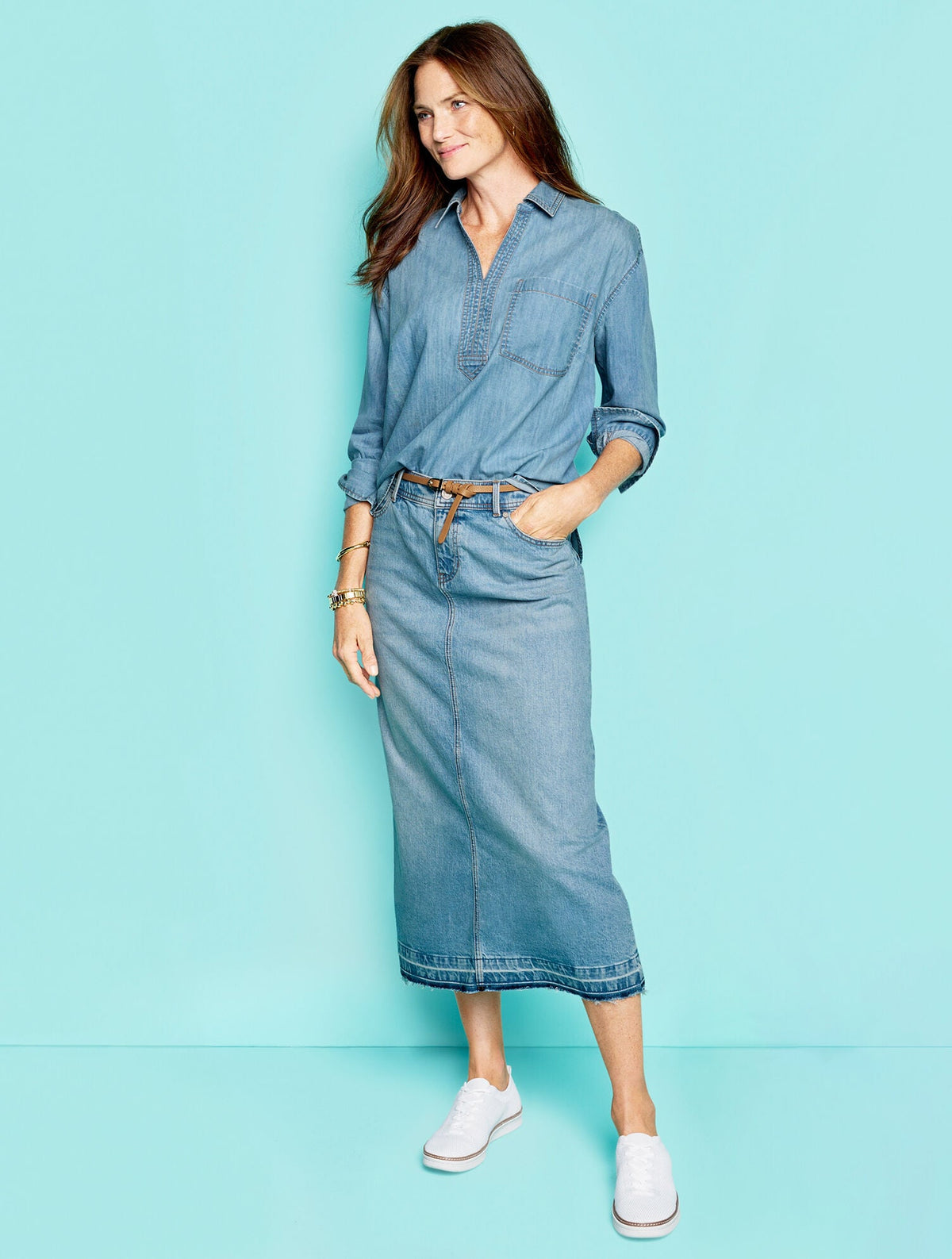 DROP HEM DENIM MIDI SKIRT - SPRING WASH | Talbots