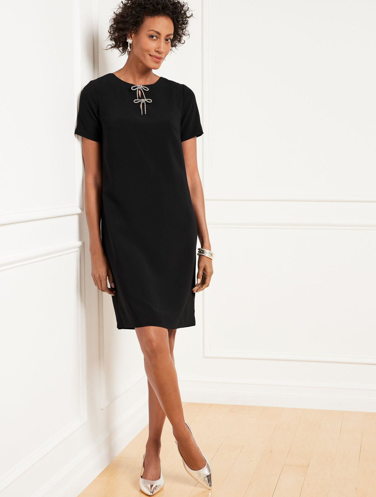EMBELLISHED BOW CREPE A-LINE DRESS | Talbots