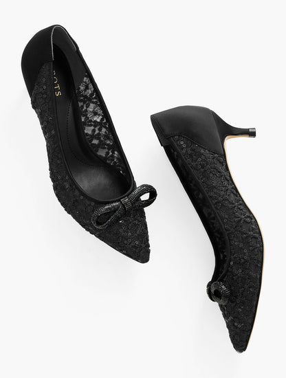SYLVIE BOW KITTEN HEEL PUMPS - SEQUIN MESH | Talbots
