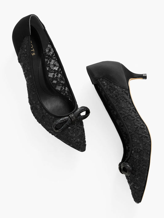 SYLVIE BOW KITTEN HEEL PUMPS - SEQUIN MESH | Talbots