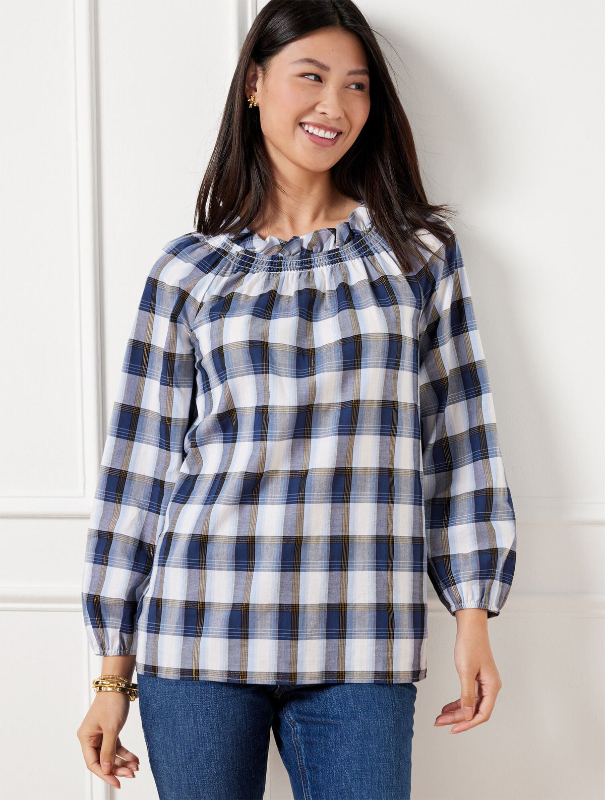 SMOCKED TOP - TINSEL TARTAN PLAID | Talbots