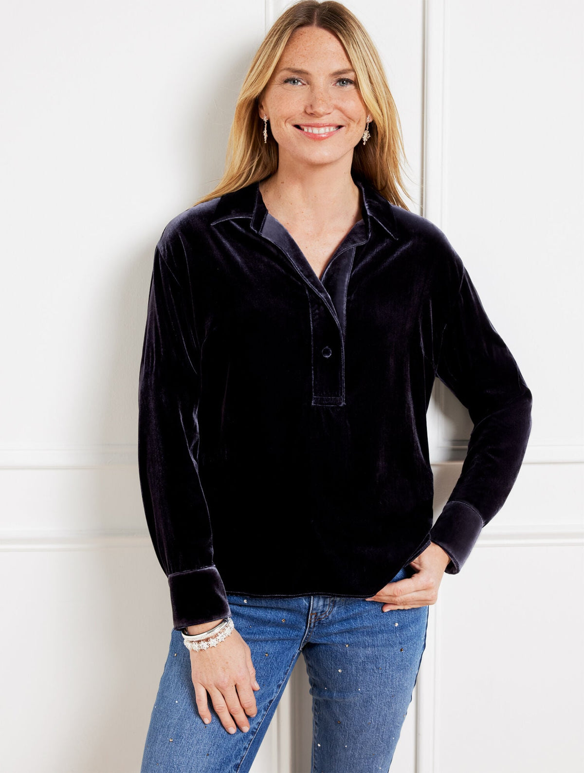 EFFORTLESS VELVET SHORT POPOVER SHIRT | Talbots