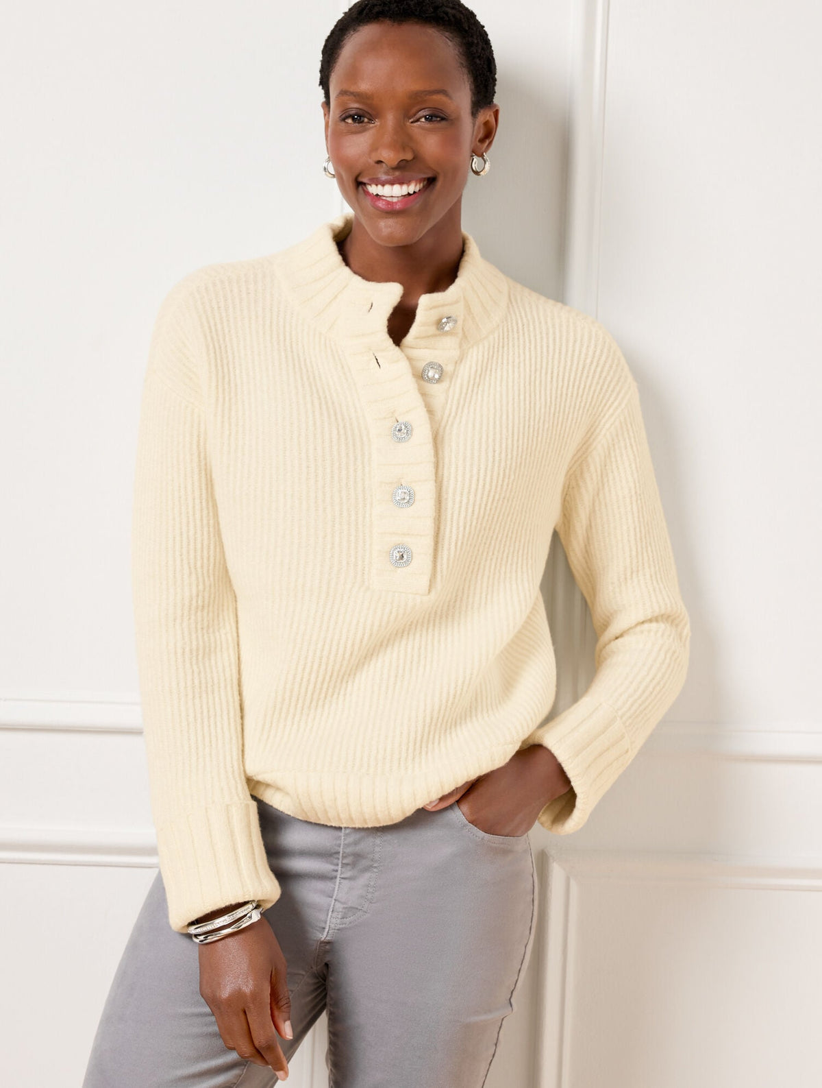 JEWEL BUTTON HENLEY PULLOVER | Talbots