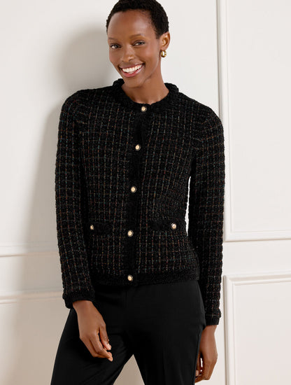 CHENILLE CREWNECK CARDIGAN - METALLIC PLAID | Talbots