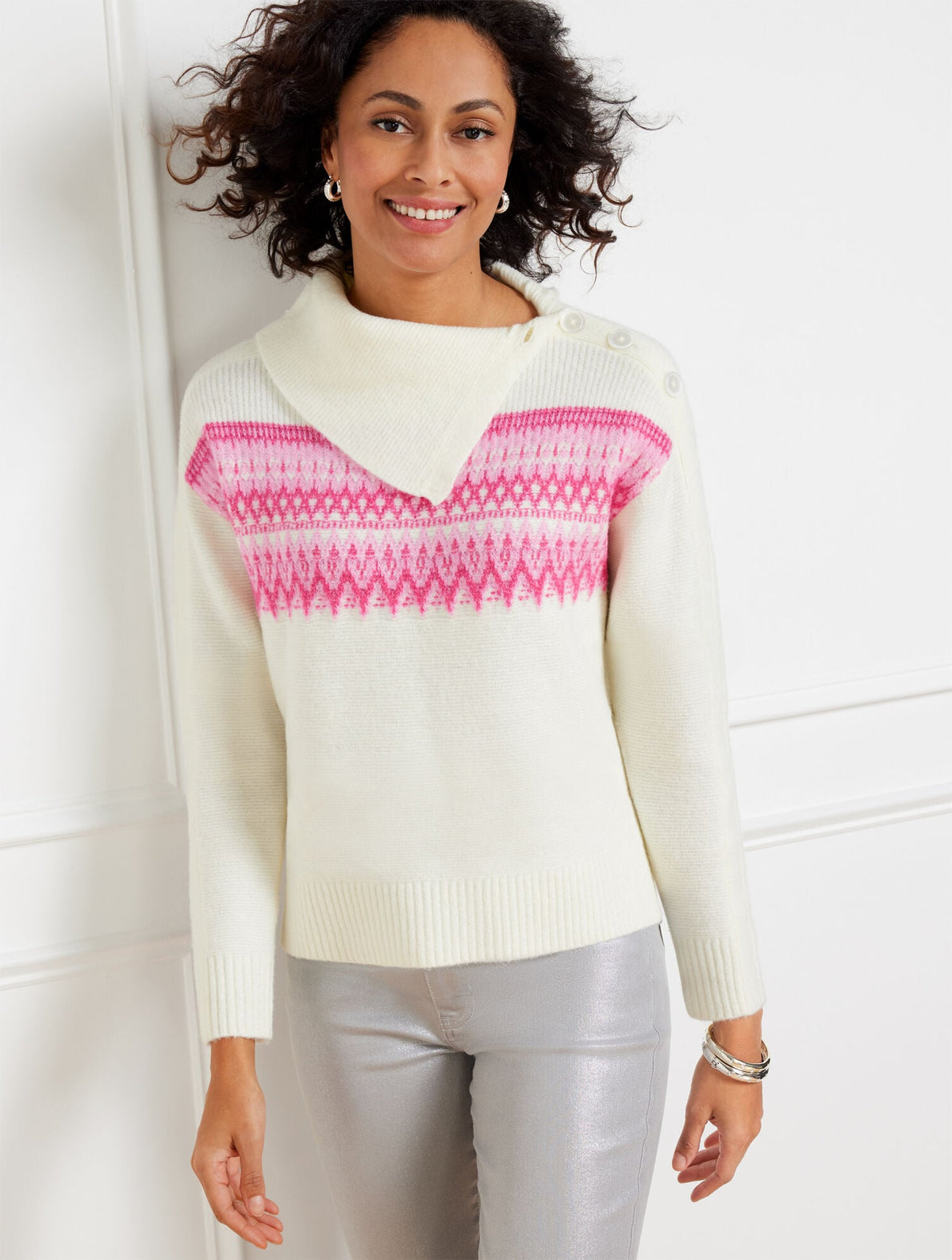 SPLIT NECK SWEATER - WHIMSICAL FAIR ISLE | Talbots