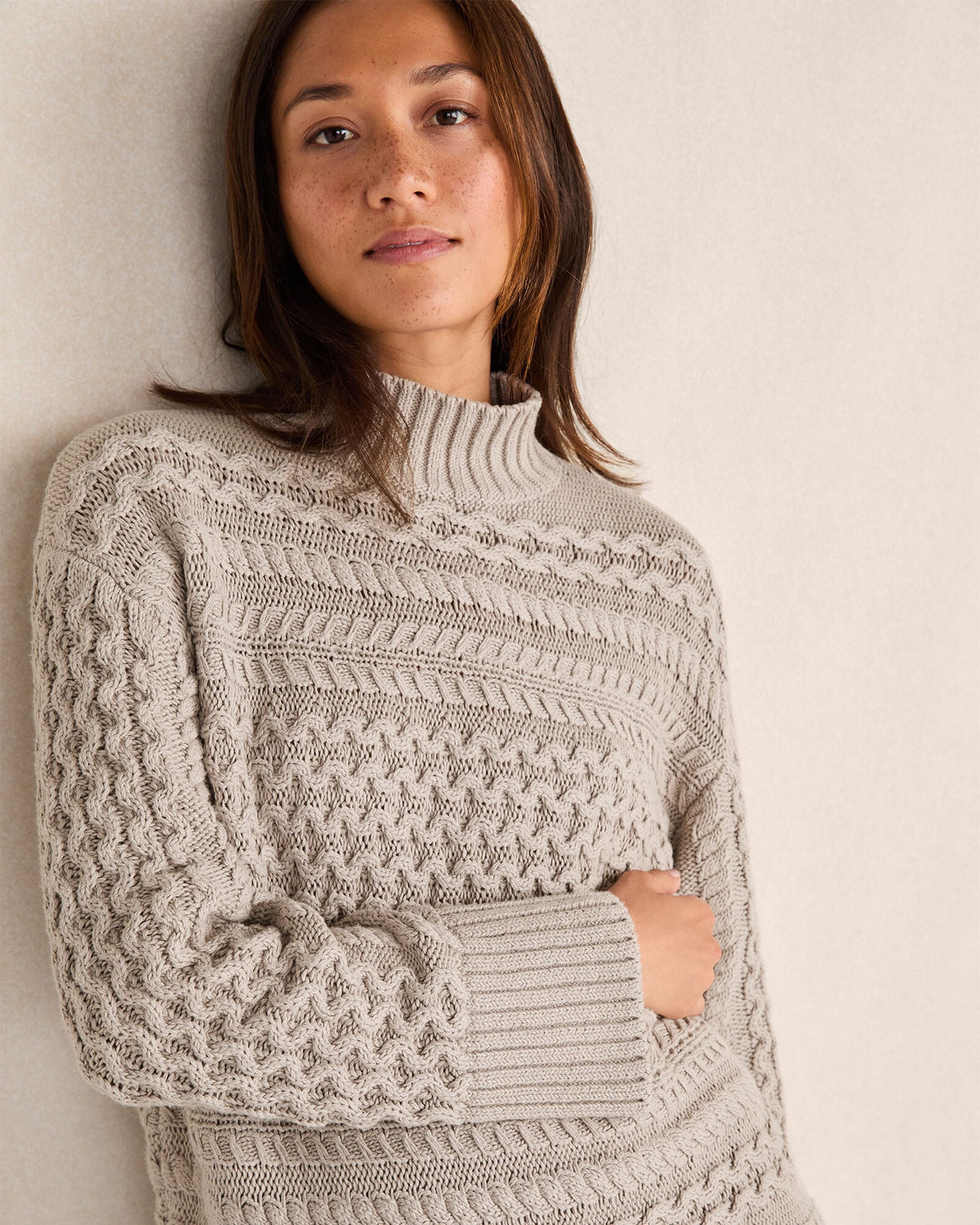ORGANIC COTTON CABLE KNIT FUNNEL NECK SWEATER | Talbots