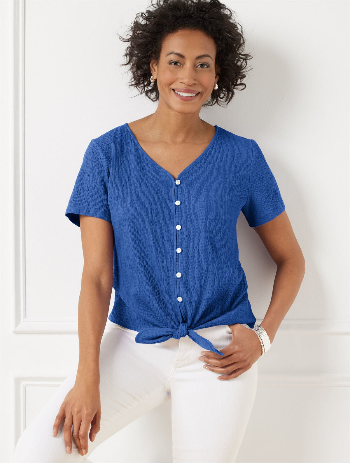 TEXTURED TIE FRONT TOP | Talbots
