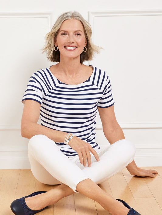 EFFORTLESS JERSEY STRIPE BATEAU NECK TEE | Talbots