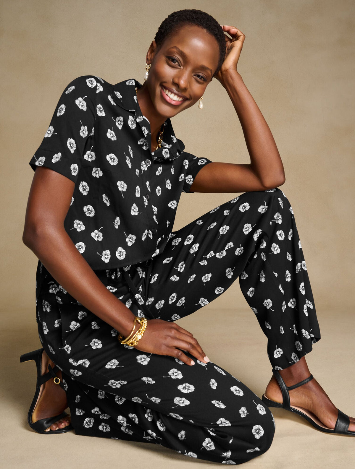 WIDE LEG PULL-ON PANTS - DECO FLOWERS | Talbots