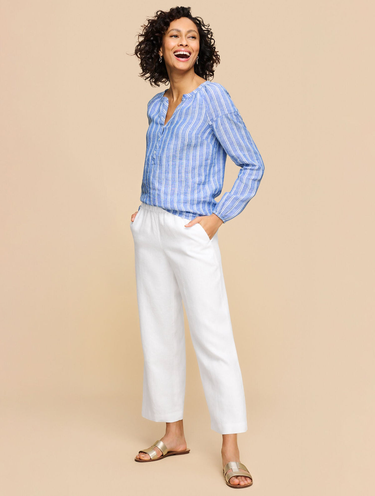 WIDE CROP PULL-ON WASHED LINEN PANTS | Talbots