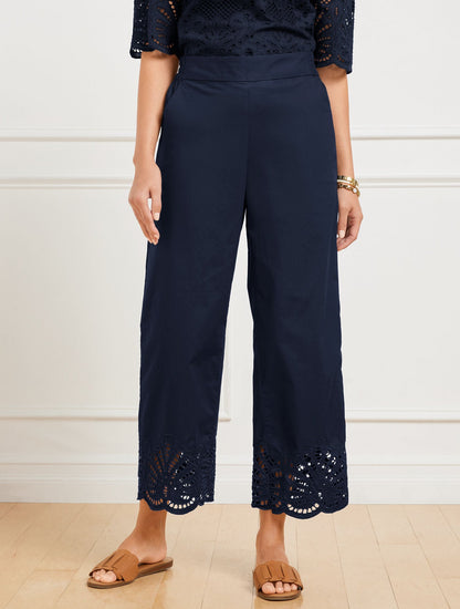 WIDE CROP PULL-ON FRESH POPLIN PANTS - EYELET HEM | Talbots