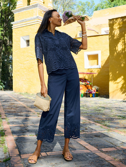 WIDE CROP PULL-ON FRESH POPLIN PANTS - EYELET HEM | Talbots
