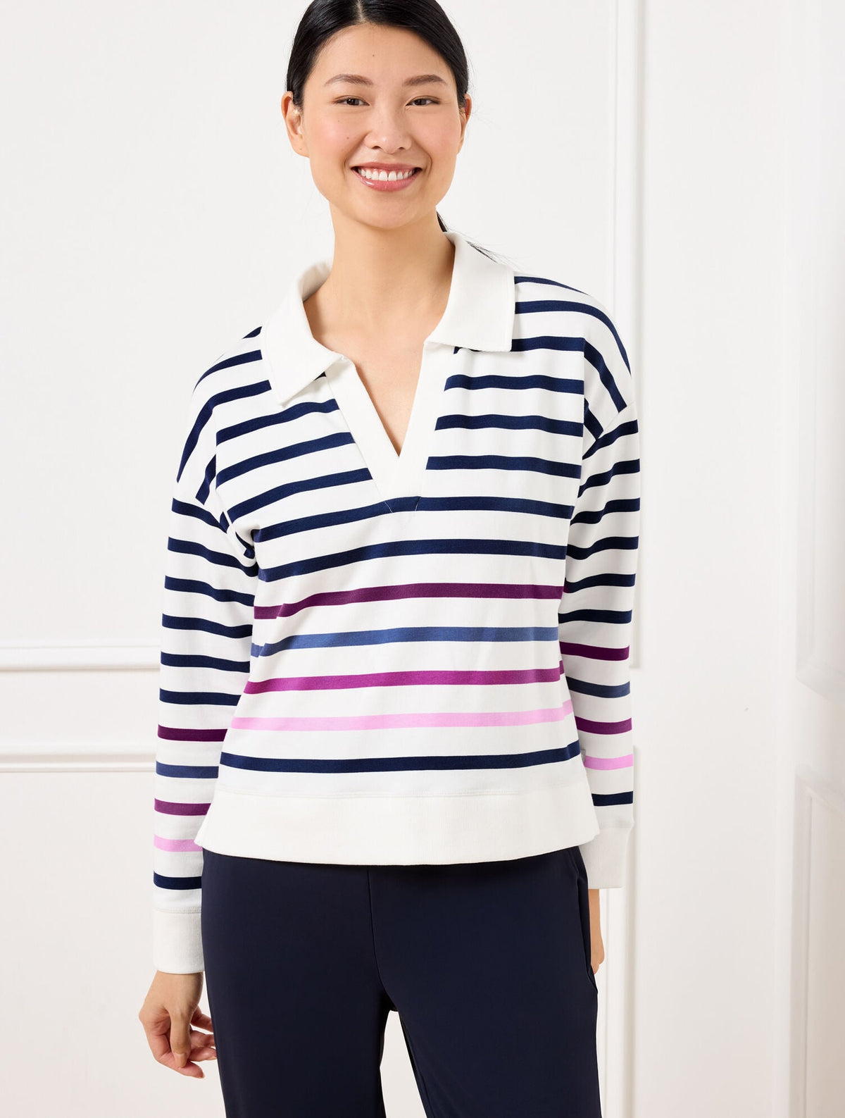 MODAL FRENCH TERRY JOHNNY COLLAR PULLOVER - SPROUTS STRIPE | Talbots