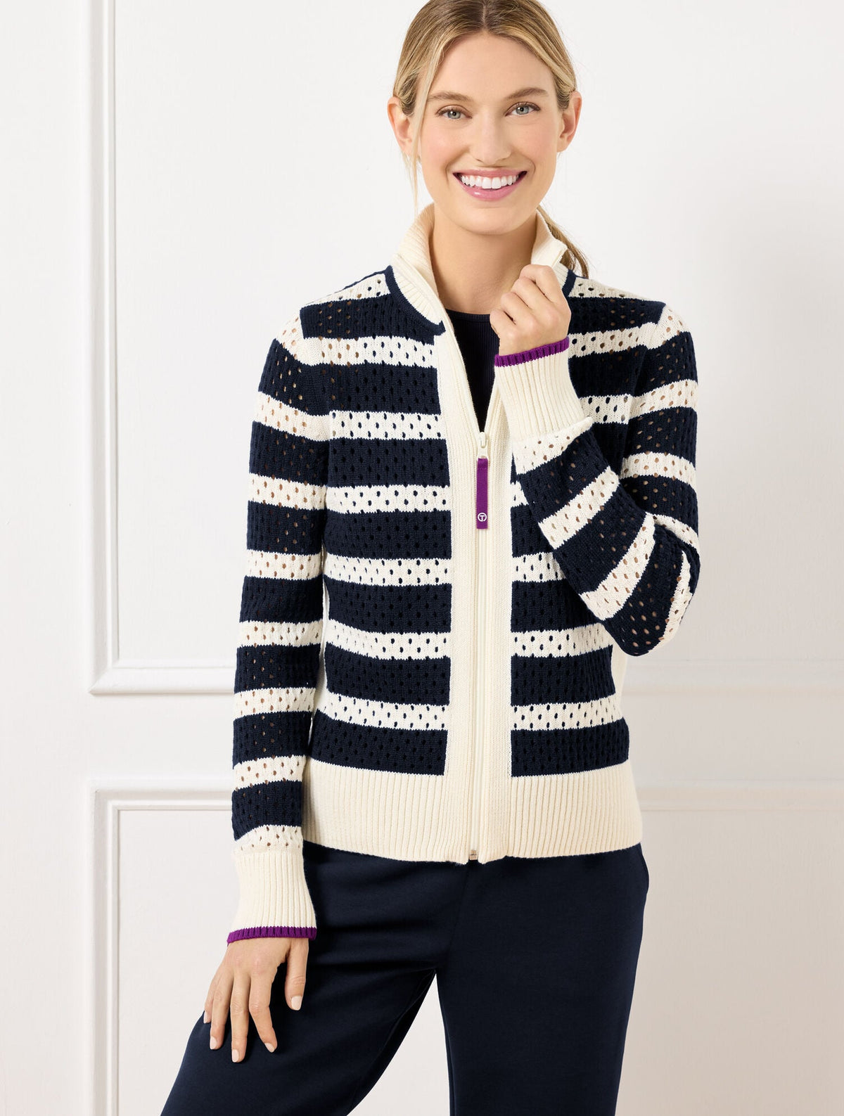 COOLMAX® FULL ZIP SWEATER JACKET - STRIPE | Talbots