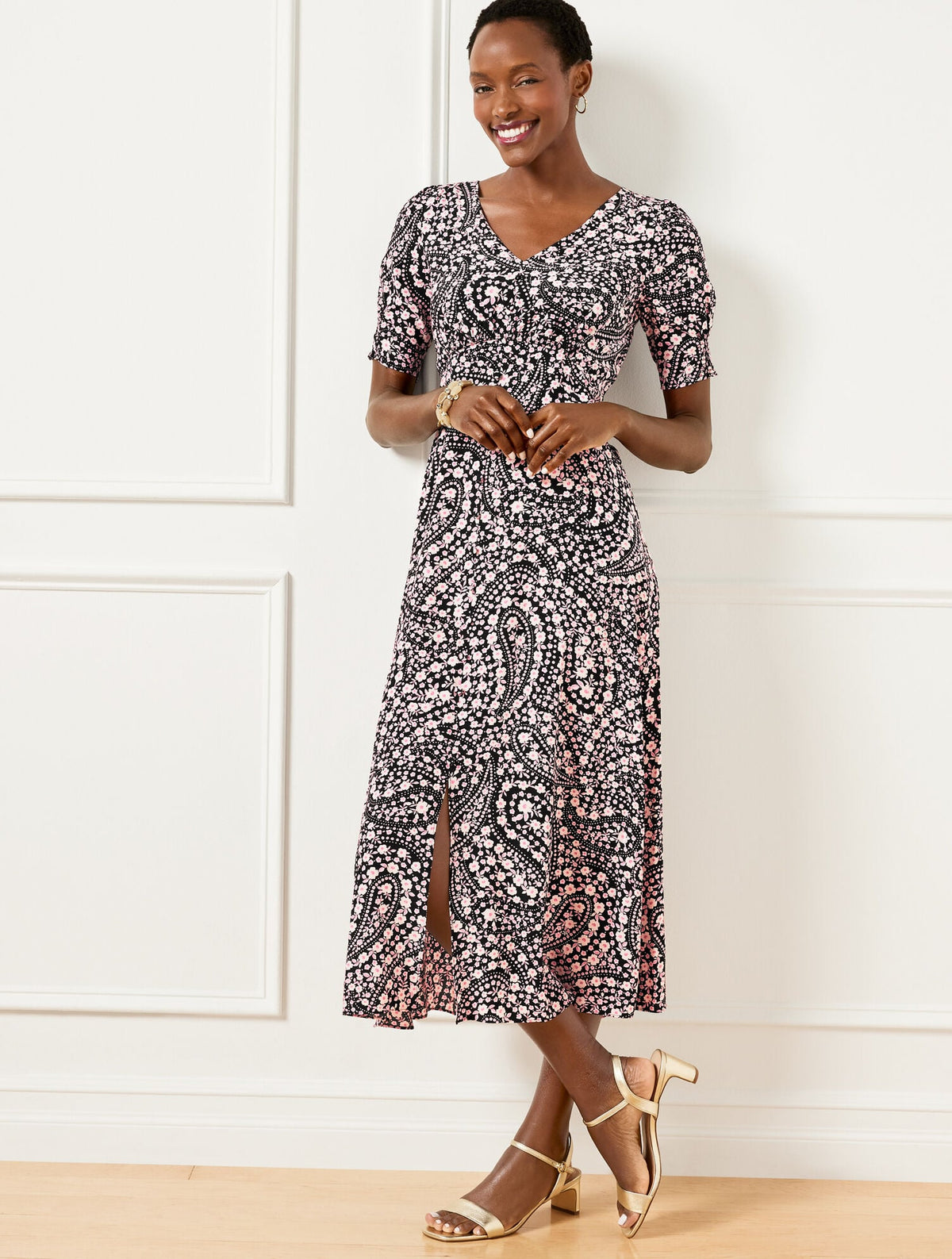 SMOCKED SLEEVE MIDI DRESS - FLORAL PAISLEY | Talbots