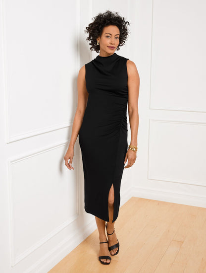 GATHERED COWL-NECK PONTE MIDI DRESS | Talbots