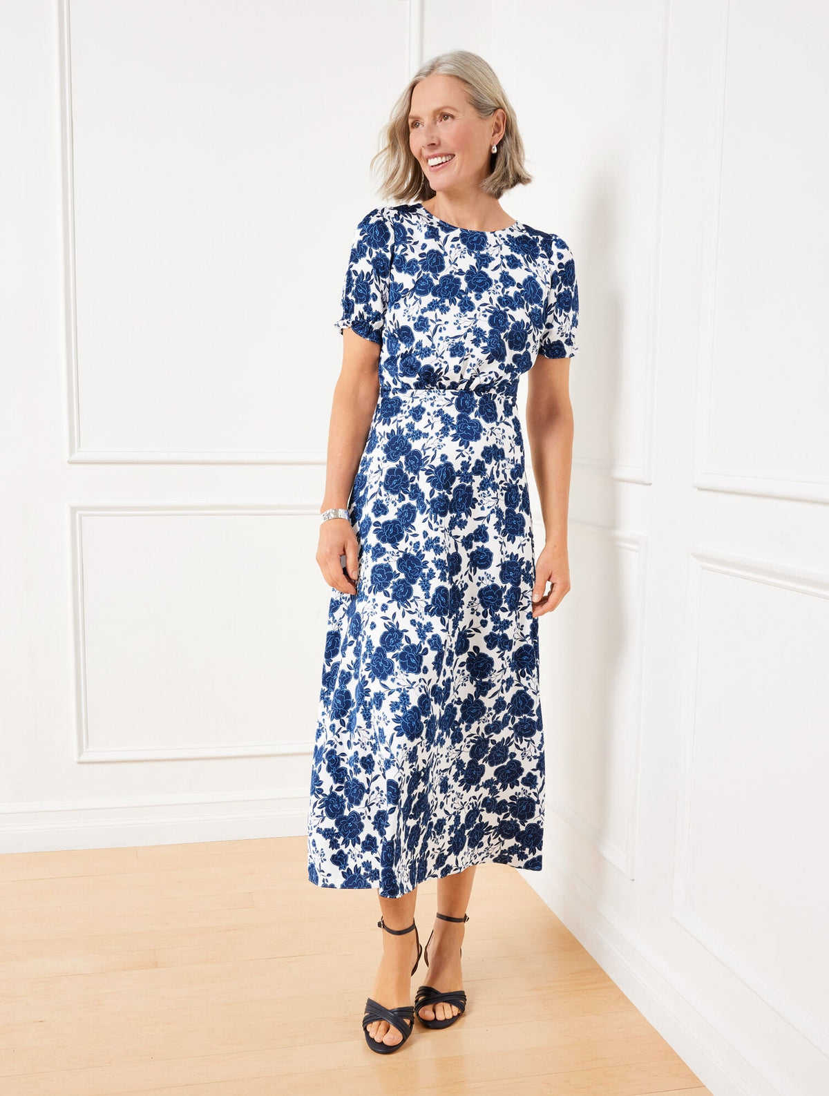 SATIN MIDI DRESS - BLUSHING ROSES | Talbots