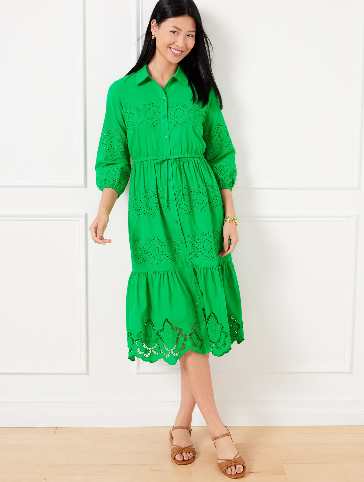 EYELET PUFF SLEEVE POPLIN SHIRTDRESS | Talbots