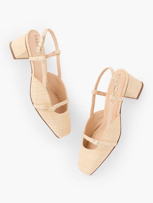 CARLYE BUCKLE BLOCK HEEL RAFFIA PUMPS | Talbots