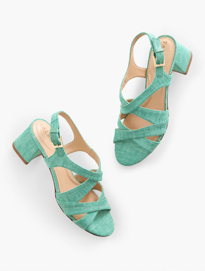 MILLIE STRAPS BLOCK HEEL WASHED LINEN SANDALS | Talbots
