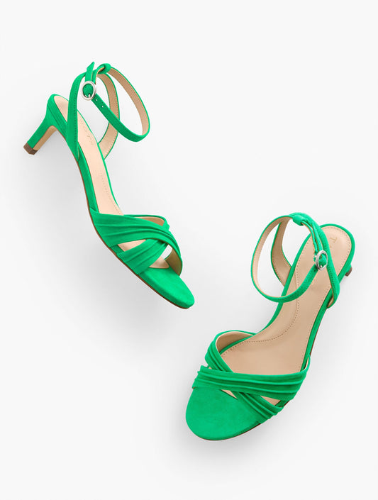 TALLIA PLEATED SUEDE ANKLE STRAP HEEL SANDALS | Talbots