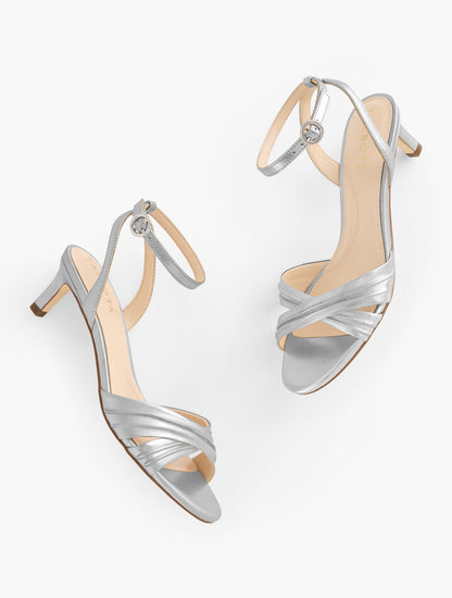 TALLIA PLEATED METALLIC NAPPA ANKLE STRAP HEEL SANDALS | Talbots