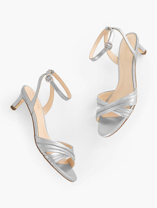 TALLIA PLEATED METALLIC NAPPA ANKLE STRAP HEEL SANDALS | Talbots
