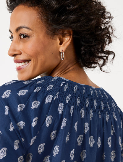 SMOCKED NECK TOP - SERENE PAISLEY | Talbots