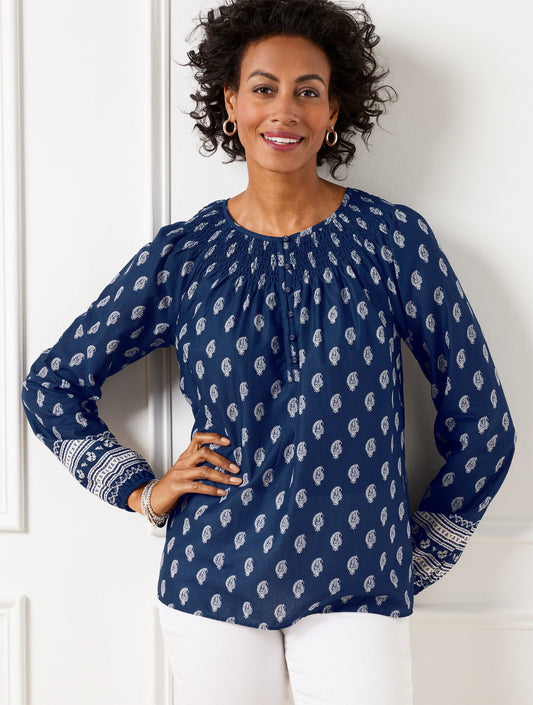 SMOCKED NECK TOP - SERENE PAISLEY | Talbots