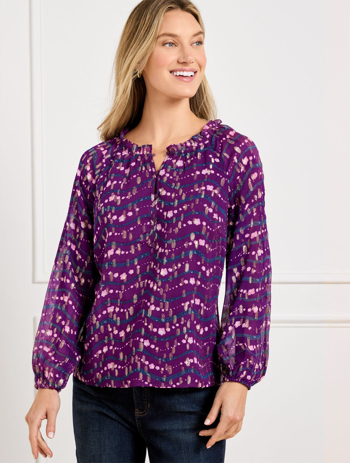 RUFFLE NECK TOP - WAVY FLORAL | Talbots