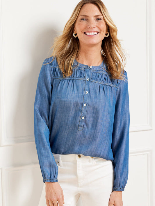 DENIM SMOCKED SHORT POPOVER | Talbots