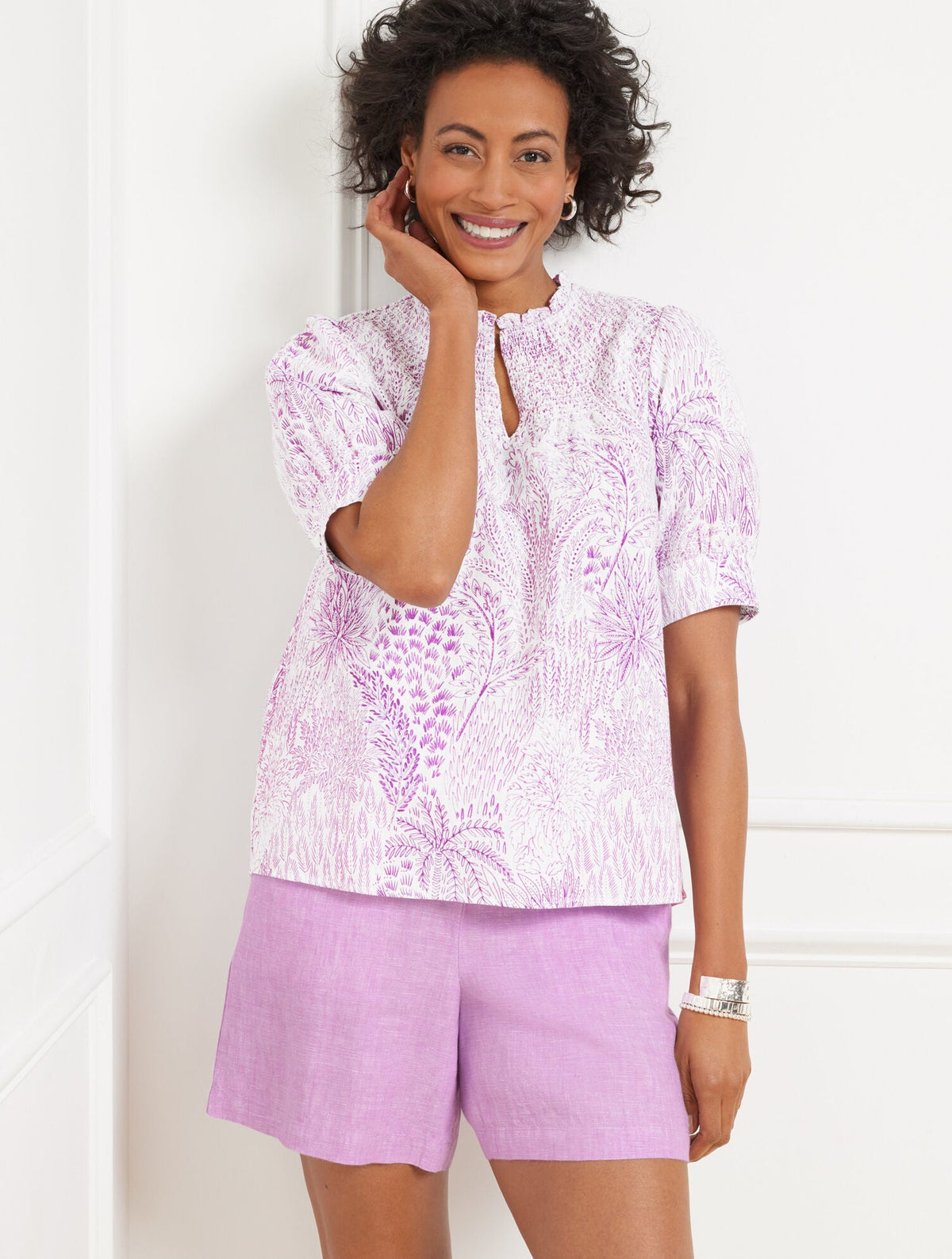 LINEN BLEND SMOCKED TOP - BLISSFUL MEADOW | Talbots