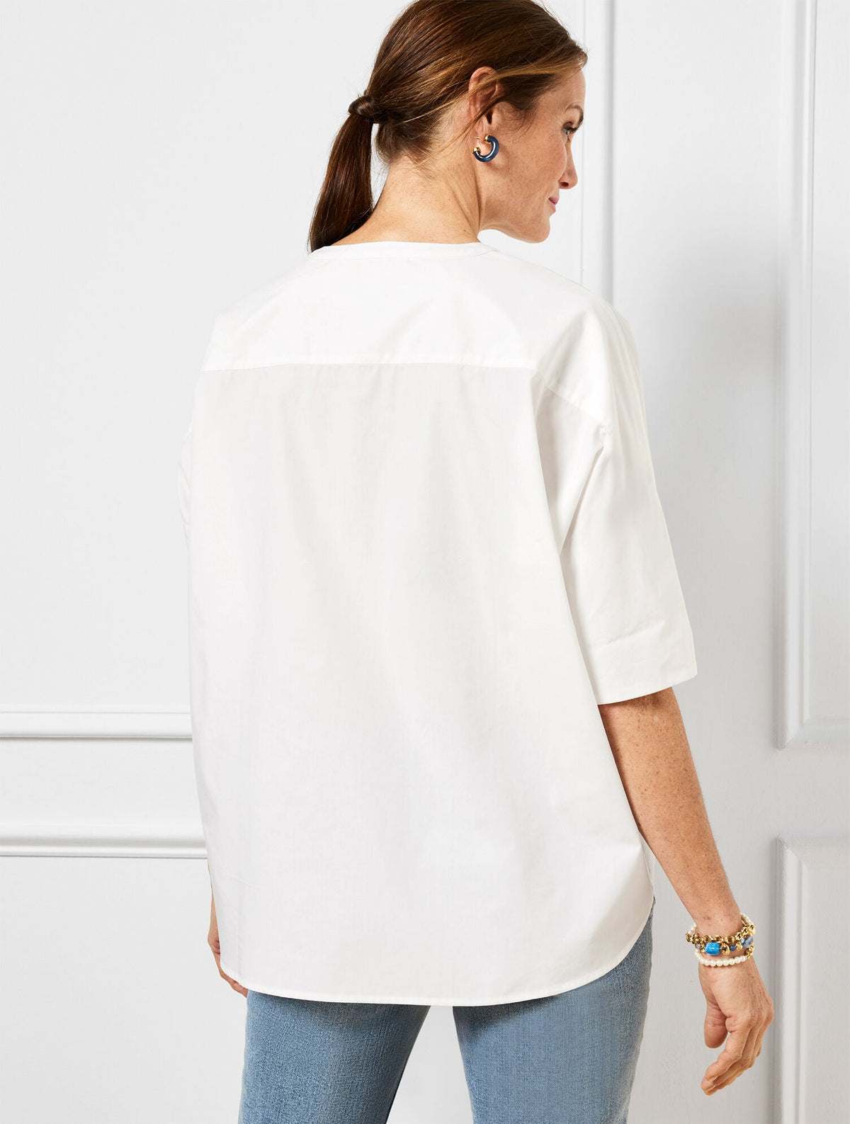 BAND COLLAR BUTTON FRONT POPLIN SHIRT | Talbots