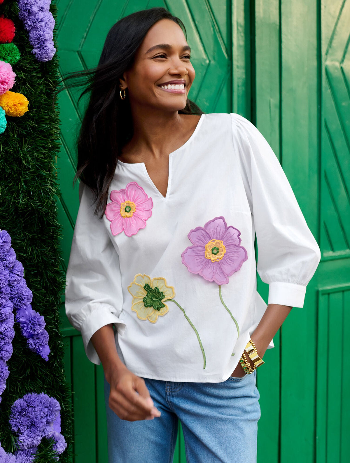 FLORAL EMBROIDERED POPLIN TOP | Talbots