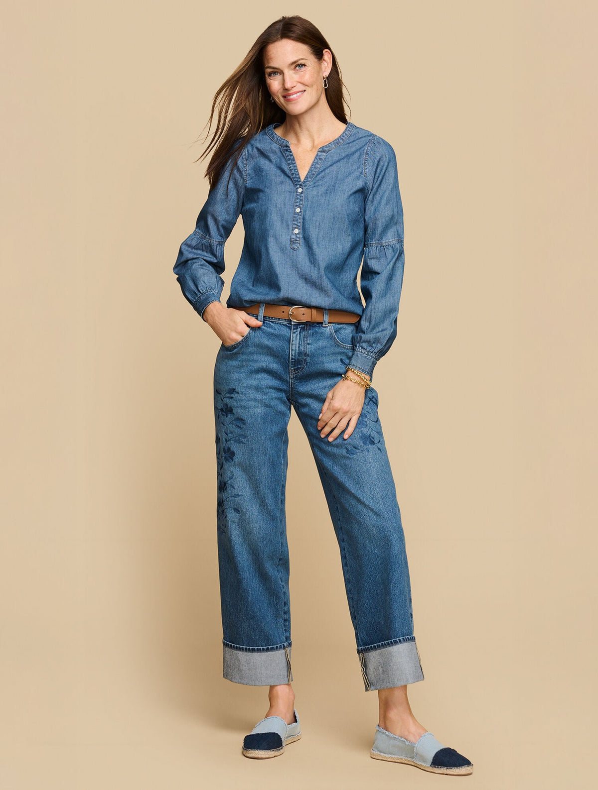 LANTERN SLEEVE SHORT DENIM TOP - KINNEY WASH | Talbots