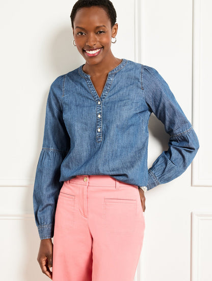 LANTERN SLEEVE SHORT DENIM TOP - KINNEY WASH | Talbots