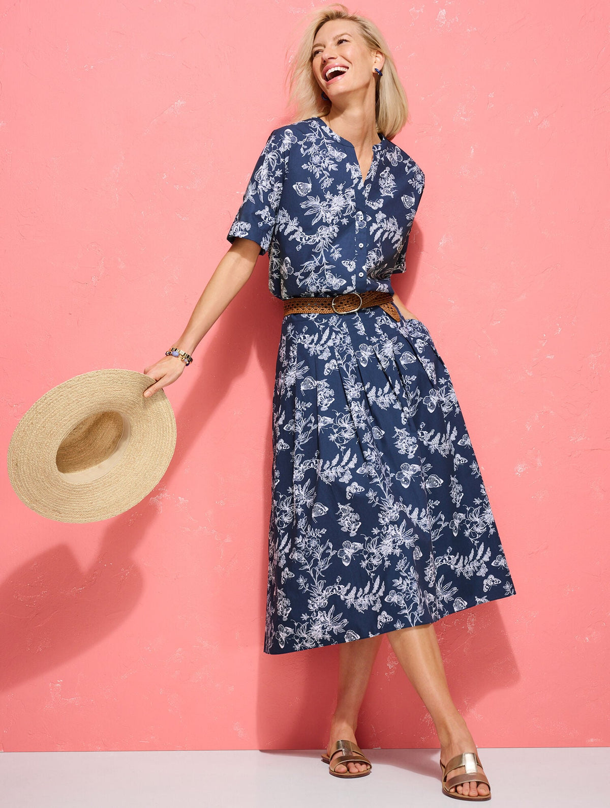 BAND COLLAR BUTTON FRONT POPLIN SHIRT - PENCIL BUTTERFLY | Talbots