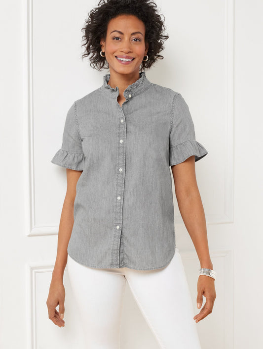RUFFLE DENIM SHIRT - GREY WASH | Talbots