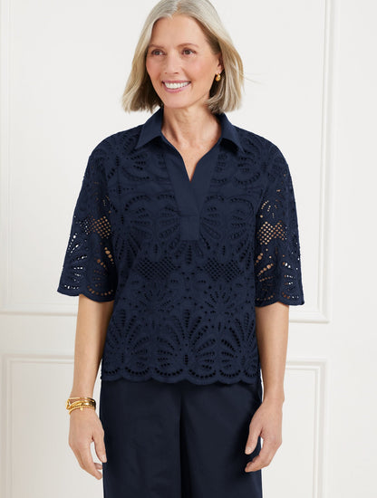 JOHNNY COLLAR SHORT POPOVER - BLOOMING EYELET | Talbots