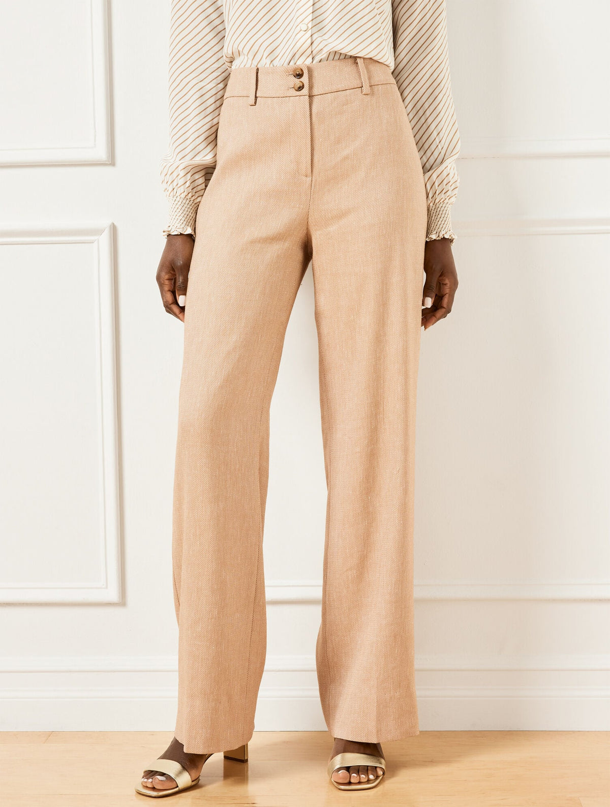WIDE LEG TEXTURED STRETCH LINEN PANTS | Talbots