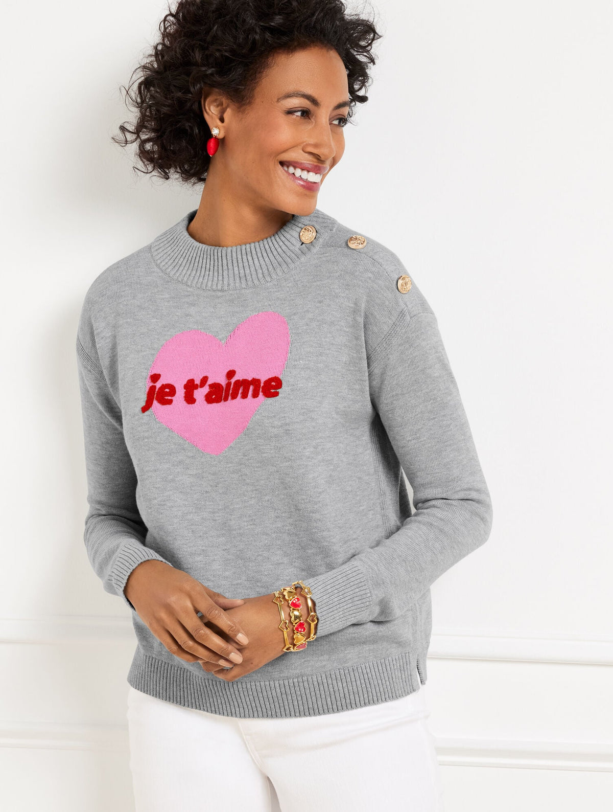 JE T’AIME HEART MOCKNECK PULLOVER | Talbots