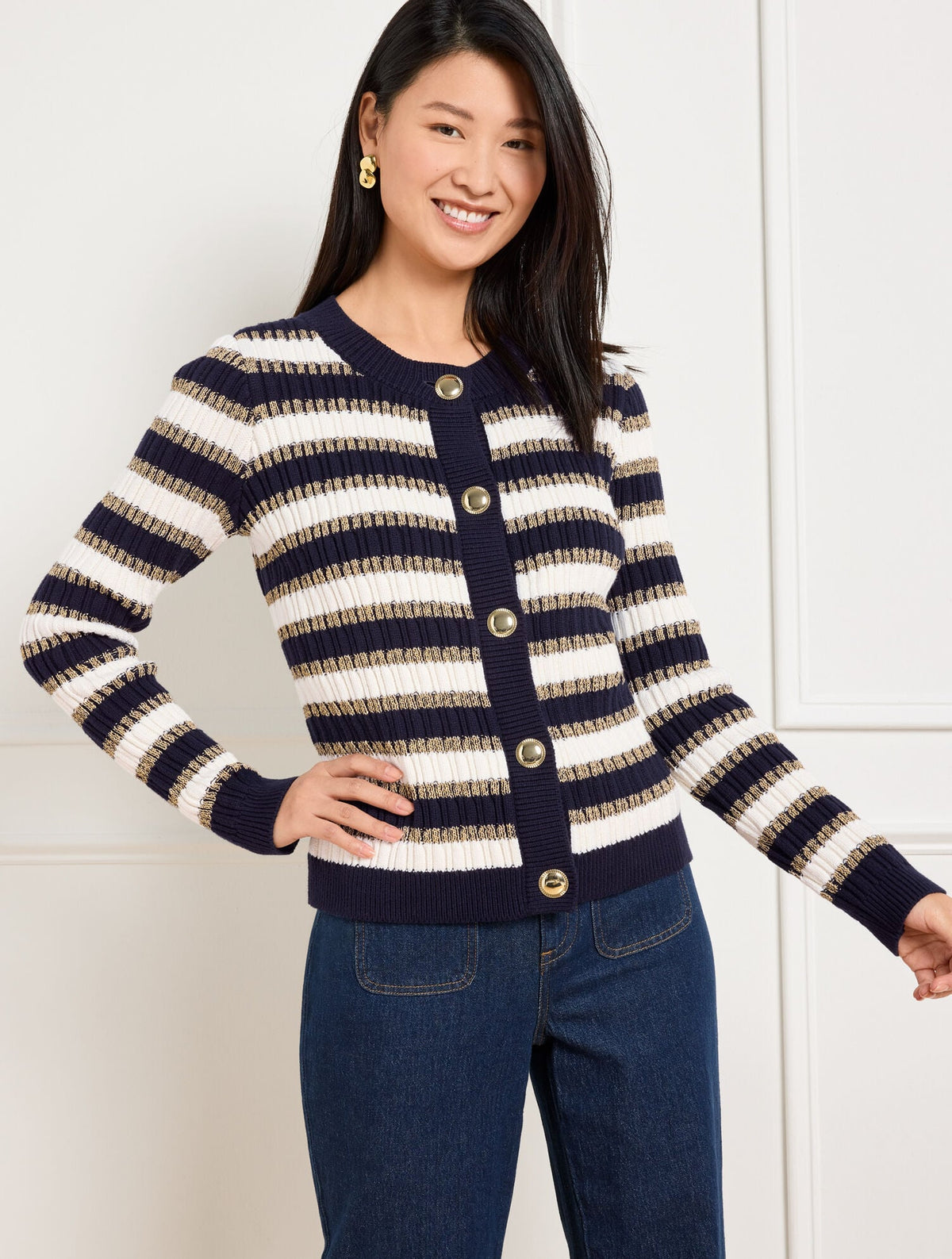 COMBED COTTON CREWNECK CARDIGAN - METALLIC STRIPE | Talbots