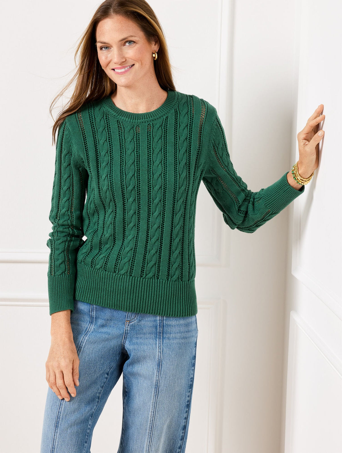 OPEN KNIT CABLE CREWNECK SWEATER | Talbots