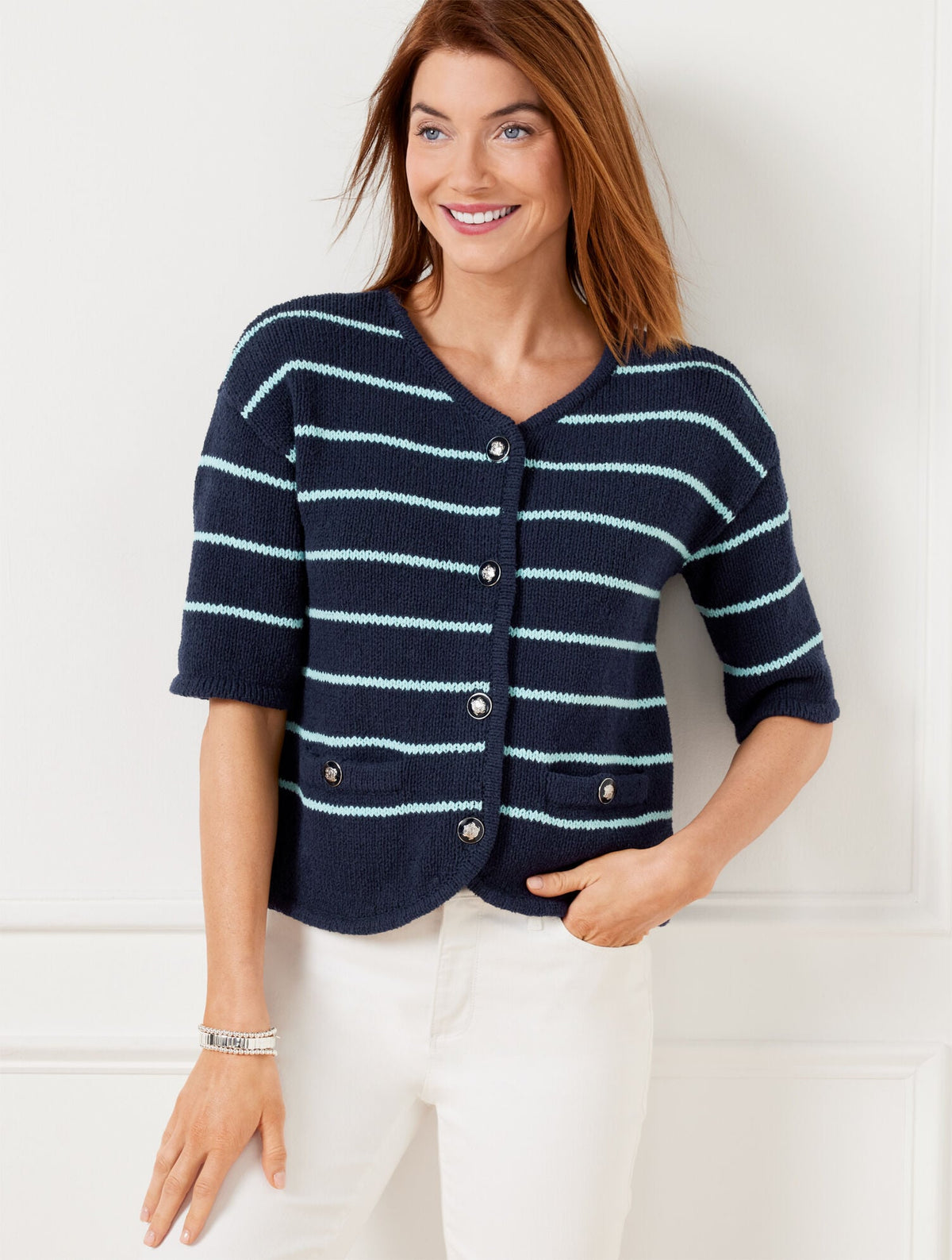 ELBOW SLEEVE SWEATER JACKET - STRIPE | Talbots